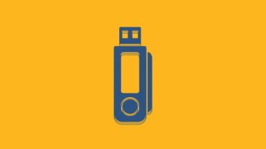 Mavi USB flaş bellek simgesi turuncu arka planda izole edildi. 4K Video hareketli grafik canlandırması.