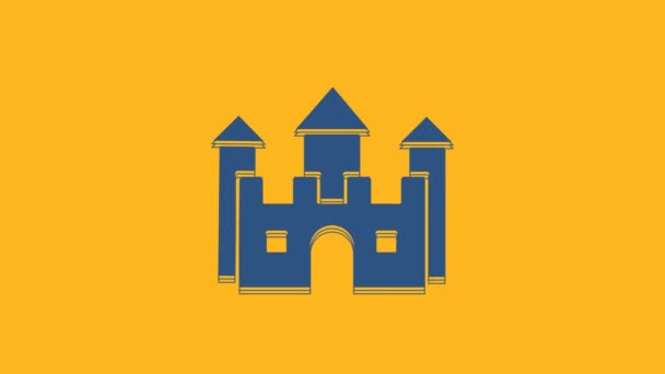 Icono Del Castillo Azul Aislado Sobre Fondo Naranja Animación Gráfica — Vídeo de stock