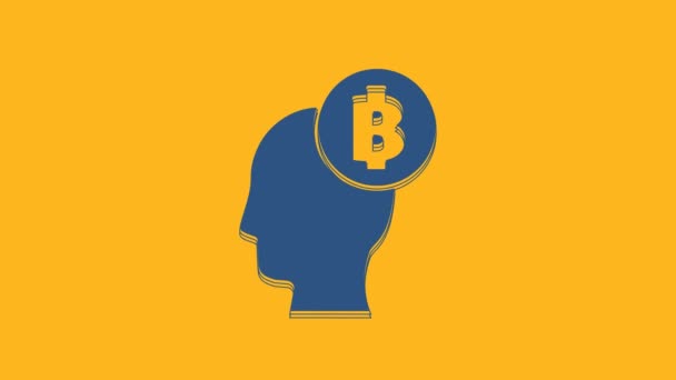 Modrý Bitcoin Myslet Ikona Izolovaná Oranžovém Pozadí Hlava Kryptoměny Blockchain — Stock video