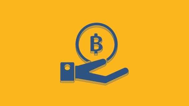 Blue Hand Holding Bitcoin Icon Isolated Orange Background Blockchain Technology — Stock Video