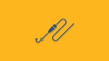 Turuncu arka planda, kancalı ve yüzen ikonlu mavi balık oltası. Balık oltası. 4K Video hareketli grafik canlandırması.