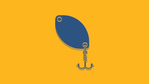 蓝色的捕捞勺图标孤立在橙色的背景 鱼饵是鱼的形状 钓具4K视频运动图形动画 — 图库视频影像