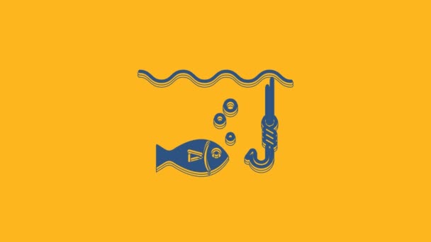 蓝色的钓鱼钩在水下 鱼的图标孤立在橙色的背景上 钓具4K视频运动图形动画 — 图库视频影像