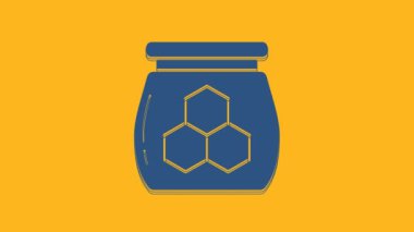 Mavi kavanoz bal ikonu turuncu arka planda izole edilmiş. Yiyecek bankası. Tatlı doğal gıda sembolü. 4K Video hareketli grafik canlandırması.