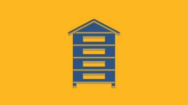 Turuncu arka planda izole edilmiş arılar için Mavi Kovan. Arı kovanı sembolü. Apiary ve arı yetiştiriciliği. Tatlı doğal yemek. 4K Video hareketli grafik canlandırması.
