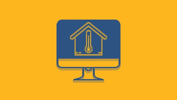 Blauer Computermonitor Mit Symbol Für Die Haustemperatur Auf Orangefarbenem Hintergrund — Stockvideo