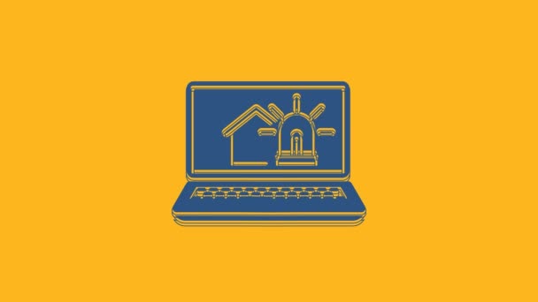 Laptop Blu Con Casa Intelligente Icona Allarme Isolato Sfondo Arancione — Video Stock