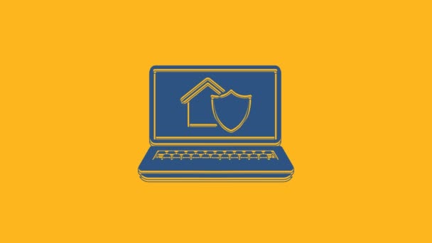 Blue Laptop Domu Pod Ikoną Ochrony Izolowane Pomarańczowym Tle Ochrona — Wideo stockowe