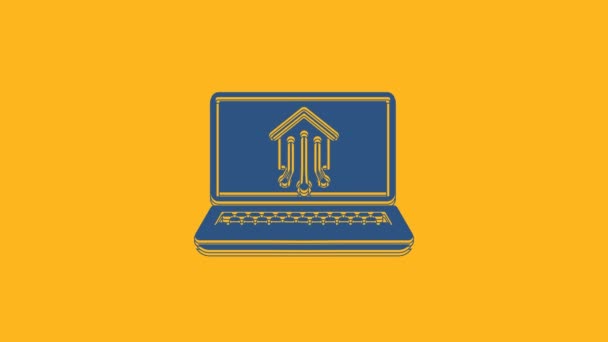 Niebieski Laptop Ikoną Inteligentnego Domu Pomarańczowym Tle Zdalne Sterowanie Animacja — Wideo stockowe