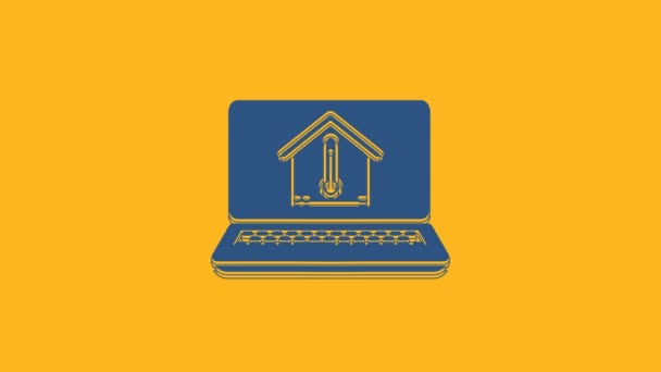 Modrý Notebook Ikonou Teploty Domu Izolované Oranžovém Pozadí Ikona Teploměru — Stock video