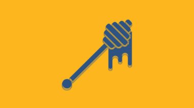 Mavi Bal Çubuğu, turuncu arka planda izole edilmiş bal ikonu damlatıyor. Tatlı kepçe. 4K Video hareketli grafik canlandırması.