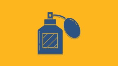 Blue Aftershave icon isolated on orange background. Cologne spray icon. Male perfume bottle. 4K Video motion graphic animation.