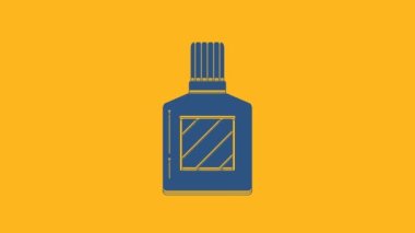 Blue Aftershave icon isolated on orange background. Cologne spray icon. Male perfume bottle. 4K Video motion graphic animation.