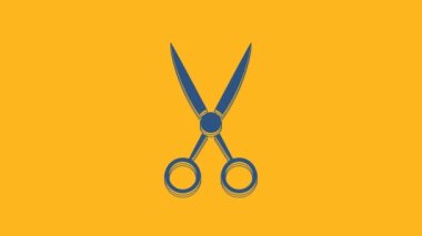 Blue Scissors hairdresser icon isolated on orange background. Hairdresser, fashion salon and barber sign. Barbershop symbol. 4K Video motion graphic animation.
