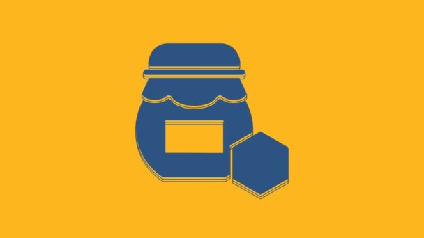 蓝色的蜂蜜瓶图标孤立在橙色的背景 食品银行 甜甜的天然食物的象征 4K视频运动图形动画 — 图库视频影像