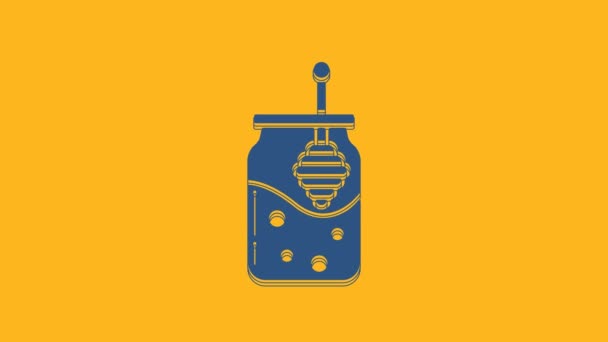 オレンジの背景に隔離された蜂蜜と蜂蜜のディップスティックアイコンのブルージャー フードバンク 甘い自然食品のシンボル ハニー ラドル 4Kビデオモーショングラフィックアニメーション — ストック動画