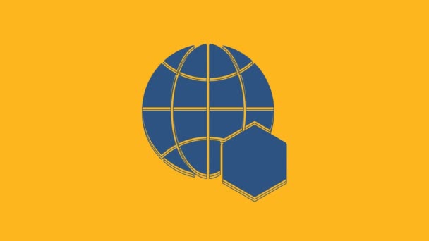 Blauwe Honingraat Kaart Van Wereld Pictogram Geïsoleerd Oranje Achtergrond Wereldbijendag — Stockvideo