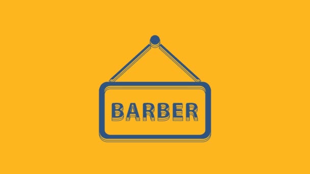 Ícone Barbershop Azul Isolado Fundo Laranja Logotipo Cabeleireiro Tabuleta Animação — Vídeo de Stock