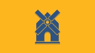 Mavi yel değirmeni simgesi turuncu arka planda izole edilmiş. 4K Video hareketli grafik canlandırması.