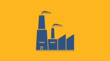 Blue Factory icon isolated on orange background. Industrial building. 4K Video motion graphic animation.