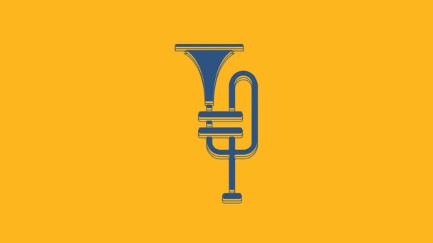 Niebieski Instrument Muzyczny Trąbka Ikona Izolowane Pomarańczowym Tle Animacja Graficzna — Wideo stockowe