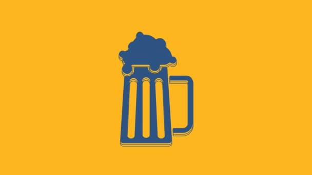 Blue Wooden Beer Mug Icon Isolated Orange Background Video Motion — Stockvideo