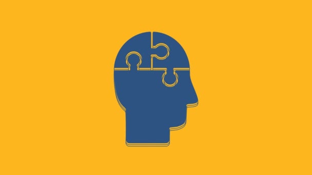 Blue Human Głowy Zagadki Strategii Ikona Izolowane Pomarańczowym Tle Myślę — Wideo stockowe