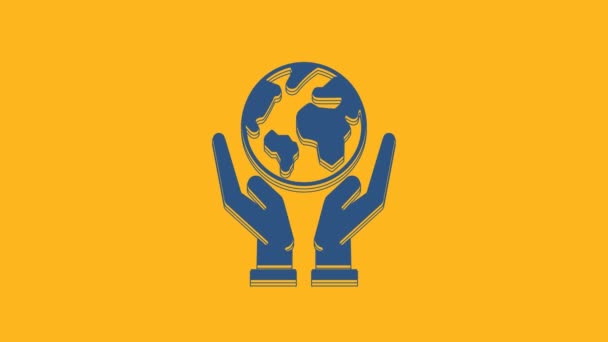 Blue Human Hands Holding Earth Globe Icon Isolated Orange Background — Vídeo de Stock