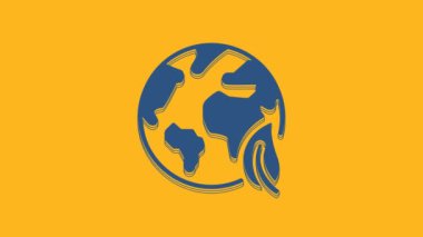 Mavi Dünya küresi ve yaprak ikonu turuncu arka planda izole edilmiş. Dünya ya da Dünya işareti. Geometrik şekiller. Çevresel konsept. 4K Video hareketli grafik canlandırması.