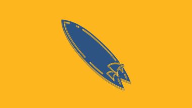 Mavi sörf tahtası simgesi turuncu arka planda izole edildi. Sörf tahtası. Olağanüstü bir spor. Spor malzemeleri. 4K Video hareketli grafik canlandırması.