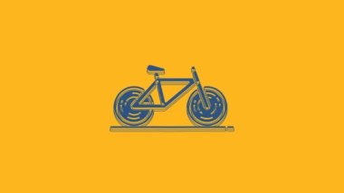 Blue Bicycle icon isolated on orange background. Bike race. Extreme sport. Sport equipment. 4K Video motion graphic animation.