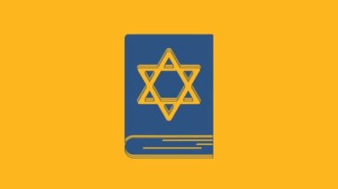 Blue Jewish torah book icon isolated on orange background. Pentateuch of Moses. On the cover of the Bible is the image of the Star of David. 4K Video motion graphic animation.