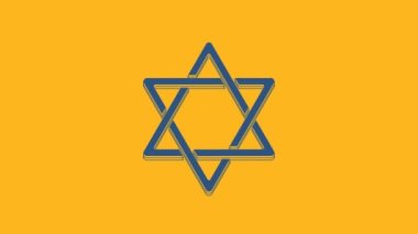 Mavi Davut Yıldızı simgesi turuncu arka planda izole edildi. Yahudi dini sembolü. İsrail 'in sembolü. 4K Video hareketli grafik canlandırması.
