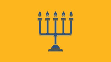 Blue Hanukkah menorah icon isolated on orange background. Hanukkah traditional symbol. Holiday religion, jewish festival of Lights. 4K Video motion graphic animation.