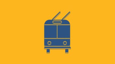 Mavi Trolleybus simgesi turuncu arka planda izole edildi. Toplu taşıma sembolü. 4K Video hareketli grafik canlandırması.