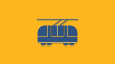 Blue Tram and railway icon isolated on orange background. Public transportation symbol. 4K Video motion graphic animation.