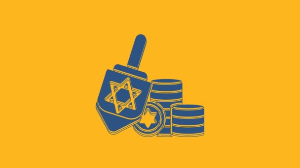 Blu Hanukkah Dreidel Moneta Icona Isolata Sfondo Arancione Animazione Grafica — Video Stock