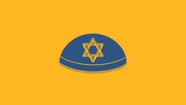 蓝色犹太Kippah与大卫的明星图标孤立在橙色背景 犹太亚穆克帽 4K视频运动图形动画 — 图库视频影像