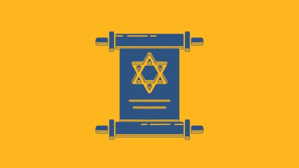 Icono Desplazamiento Torá Azul Aislado Sobre Fondo Naranja Torá Judía — Vídeo de stock