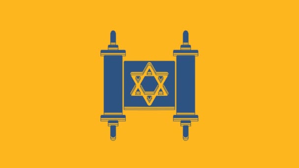 Modrá Tóra Rolovat Ikonu Izolované Oranžovém Pozadí Židovská Tóra Rozšířené — Stock video