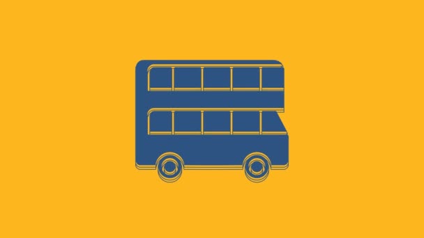 オレンジの背景にブルーのダブルデッキバスアイコンが分離されています ロンドンの古典的な旅客バス 公共交通機関のシンボル 4Kビデオモーショングラフィックアニメーション — ストック動画