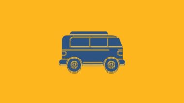 Mavi Retro minivan simgesi turuncu arka planda izole edildi. Eski klasik seyahat minibüsü. 4K Video hareketli grafik canlandırması.