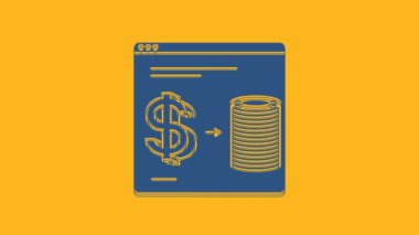 Blue Online kumarhane fişleri, turuncu arka planda izole edilmiş dolar desteleri üzerinde değiş tokuş yapıyor. 4K Video hareketli grafik canlandırması.