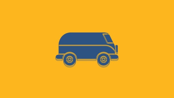 蓝色复古面包车图标孤立在橙色背景 旧式经典旅行车 4K视频运动图形动画 — 图库视频影像