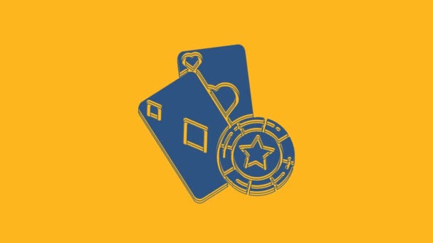 Chip Blue Casino Ikona Kart Gry Izolowana Pomarańczowym Tle Poker — Wideo stockowe