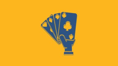 Blue Hand holding playing cards icon isolated on orange background. Casino game design. 4K Video motion graphic animation.