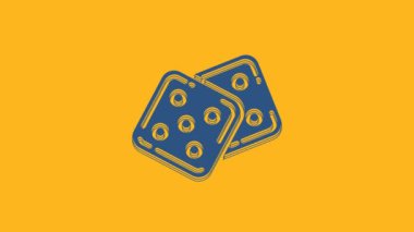 Blue Game dice icon isolated on orange background. Casino gambling. 4K Video motion graphic animation.