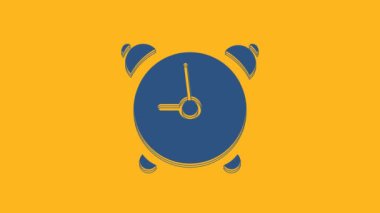 Blue Alarm clock icon isolated on orange background. Wake up, get up concept. Time sign. 4K Video motion graphic animation.