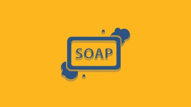 Turuncu arka planda köpük ikonu olan mavi sabun kalıbı. Köpüklü sabun çubuğu. 4K Video hareketli grafik canlandırması.