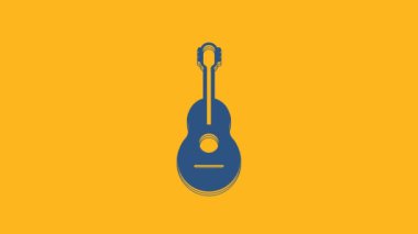 Mavi Gitar simgesi turuncu arka planda izole edildi. Akustik gitar. Telli müzik aleti. 4K Video hareketli grafik canlandırması.